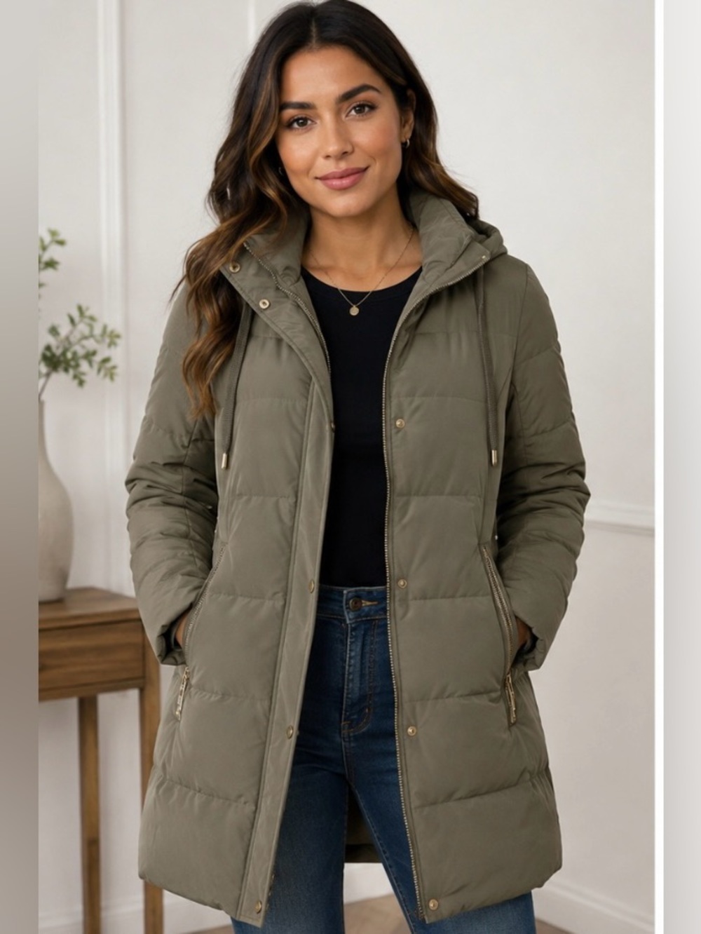 Zara Olive Hooded Quilted Puffer Coat - Women